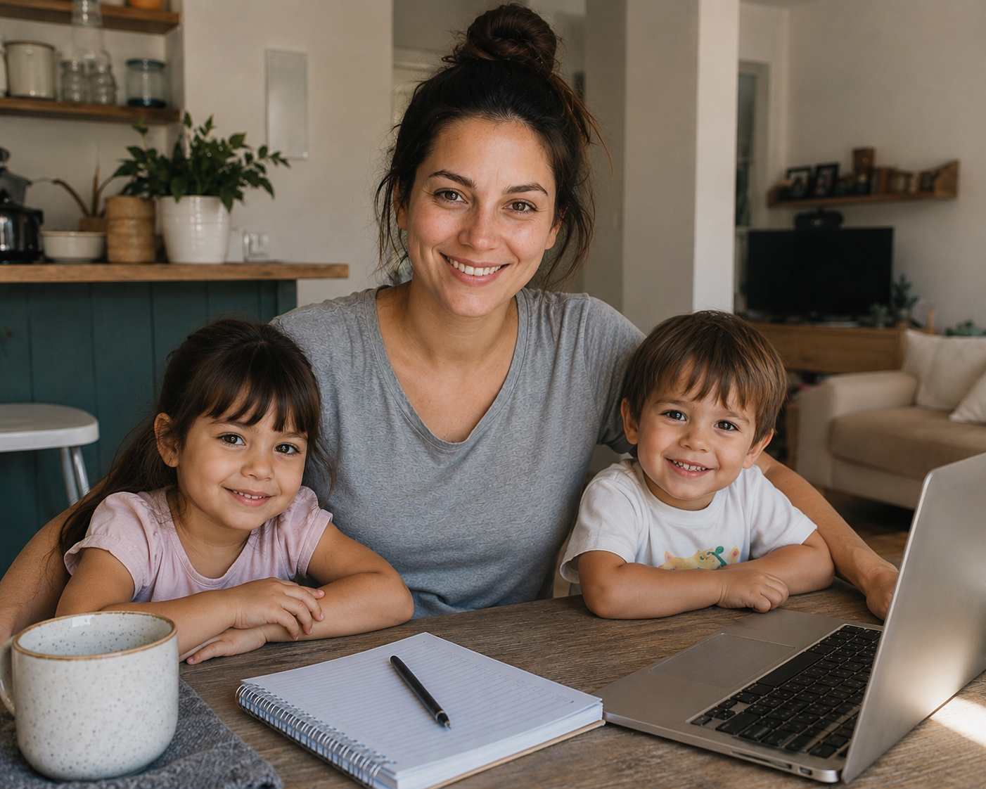 Sofi, creadora de Punto Recetas, junto a sus dos hijos en la cocina