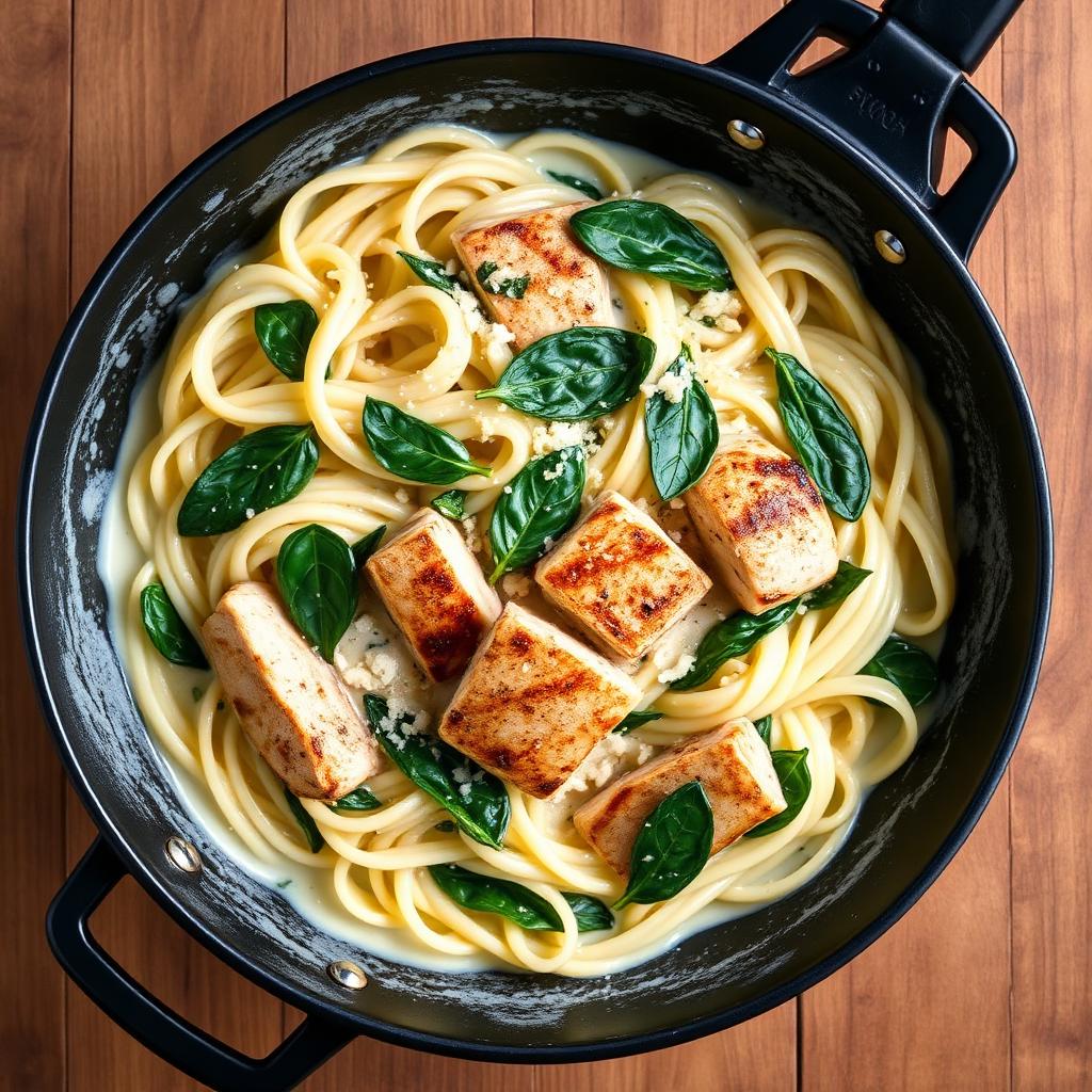 Pasta cremosa con pollo y espinaca