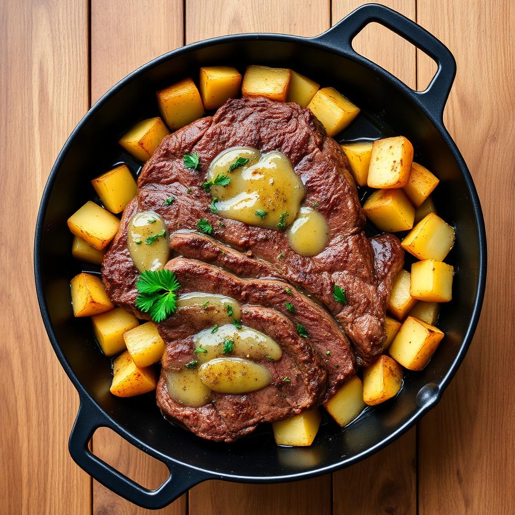 Carne con papas al ajo y manteca